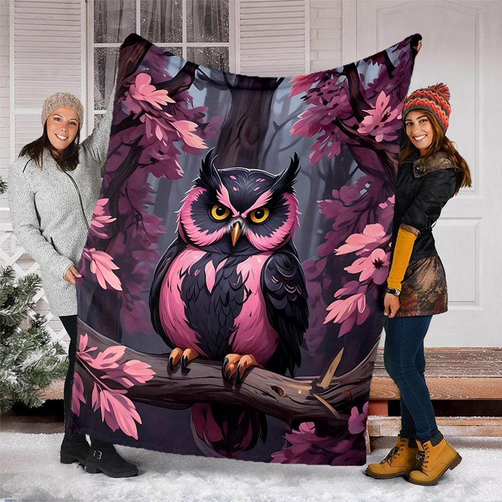1pc Owl Cherry Blossom Branch Throw Blanket Polyester Fiber, Lightweight Flannel, Soft & Warm, All Season Use for Outdoor, Camping Digital Print