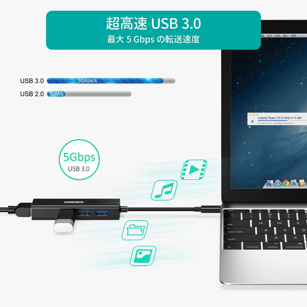 CHOETECH To RJ45 4in1 Hub Gigabit Ethernet High Speed LAN Network Adapter Compatible with MacBook USB3.0 Type-C Etc. HUB-U02