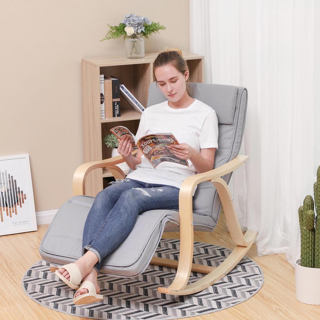 SONGMICS LYY41G Rocking Recliner Chair 5-Way Adjustable Calf Support Load 150 Kg Grey, Wood, Hellgrau, 67 X 125 X 91 Cm