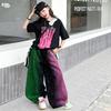 Girls' Summer 2026 Wide-Leg Pants & Loose T-shirt Set - Trendy Printed Design for Medium & Large Kids