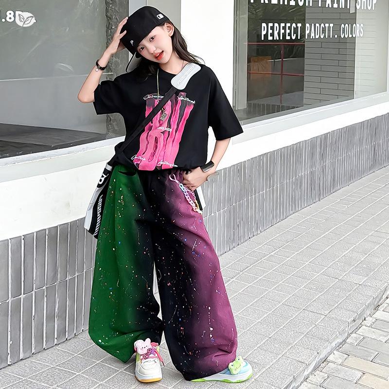 Girls' Summer 2026 Wide-Leg Pants & Loose T-shirt Set - Trendy Printed Design for Medium & Large Kids