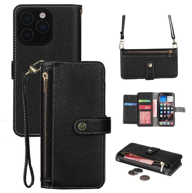 

Crossbody Wrist Strap Zipper Wallet with Cards Solt Phone Case for IPhone 16E 16 15 14 13 12 Pro Max Lanyard Leather Flip Cover iPhone 16e
