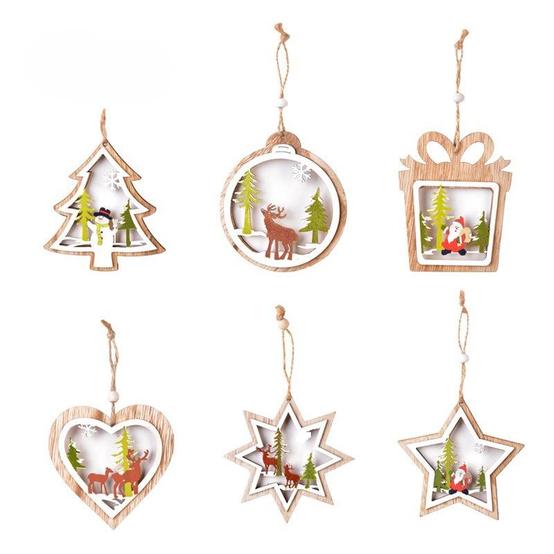 

6PCS Wooden Double-layer Pentagram Pendant Christmas Series Atmosphere Decoration Hollowed Out Christmas Tree Holiday Pendant 6pcs