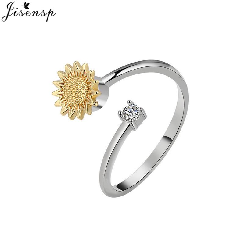 Mote Fidget Spinner Ring Angst for Kvinner Flere Krystall Solsikke Fingerringer Roter Anti Stress Zirkon Bryllupsgave