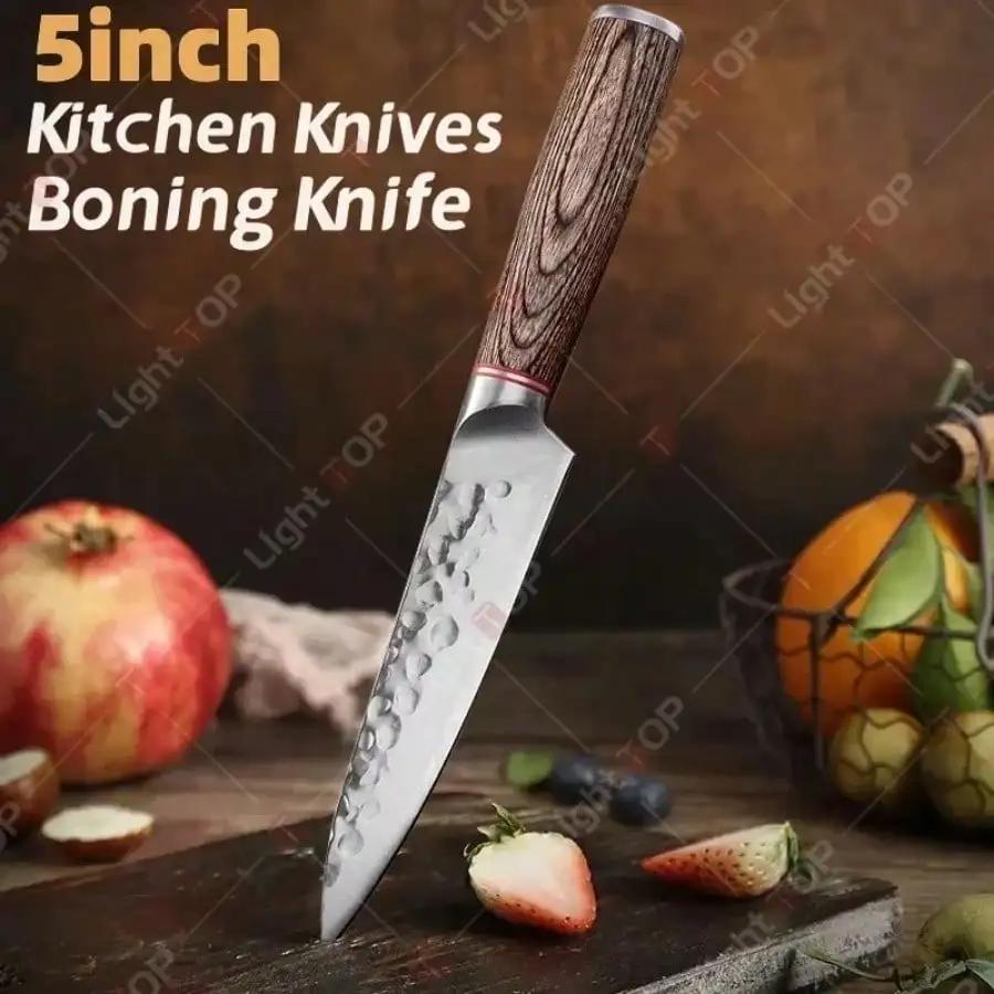 Stainless Steel Kitchen Knife Set Hammered Forged Boning Knife Wooden Handle Multi-functional Knife Bottle Opener Utility Knives