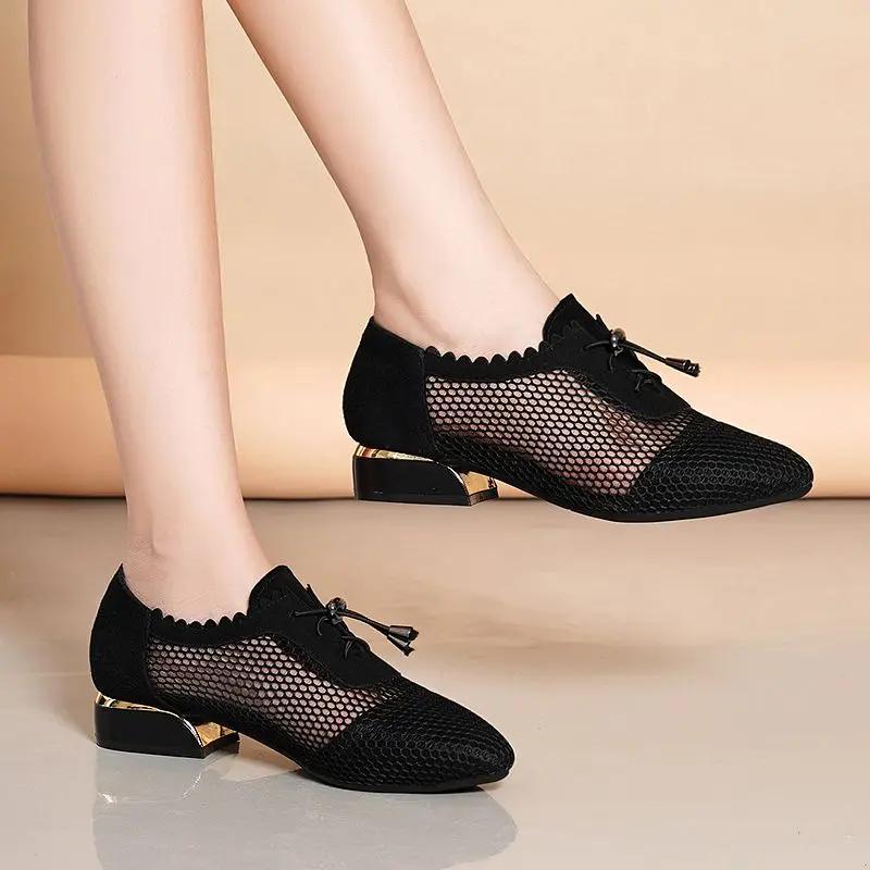 Square Heels Block Heel Moccasins Pointed Toe Mesh Low Elegant Chunky Normal Leather Casual Hollow Black Shoes for Women Shoe L