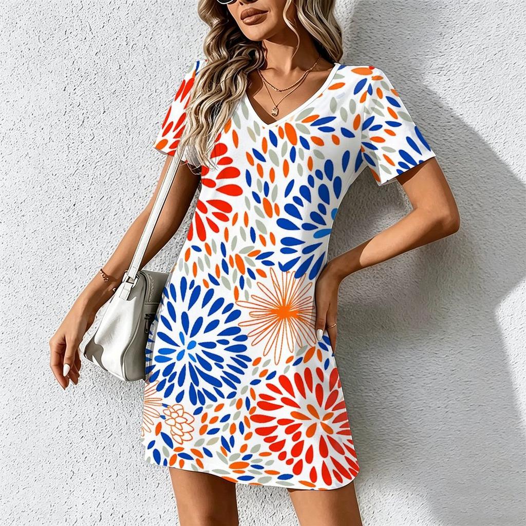 Summer Fashion Women's V Neck Short Sleeve Geometric Color Matching Printed Dress Sex Short Skirt Dresses
