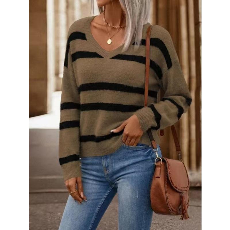 

Винтажный полосатый свитер Color Clash, женский, большого размера, полосатый, свободный, ленивый, в стиле V-образного выреза, вязаный свитер 2XL хаки