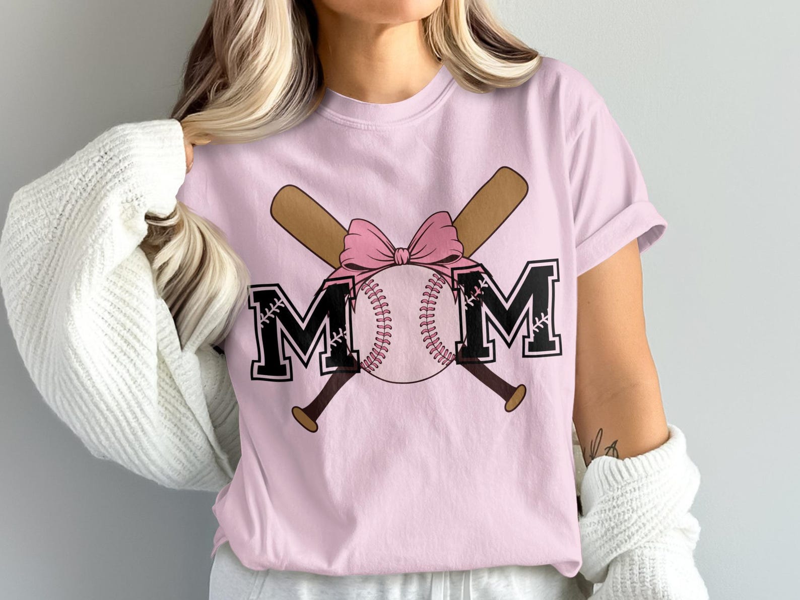 Pink Baseball Mom Game Day Tee, Sports Mama Shirt, Crossed Bats Bow Design S