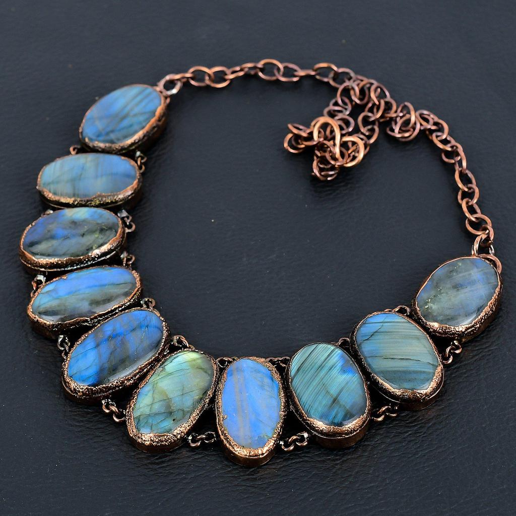 Labradorite Handmade Gemstone Necklace, Copper Electroformed Antique Jewelry Adjustable Chain Necklace, For Engagement Gift