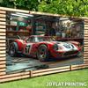 1pc Classic retro racing garage workshop style 2D flat banner with red sports car, white numbers and detailed mechanics design