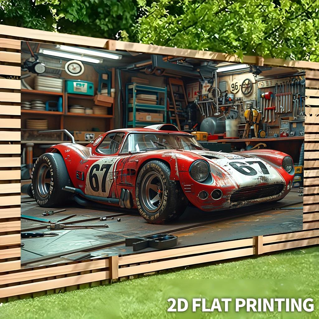1pc Classic retro racing garage workshop style 2D flat banner with red sports car, white numbers and detailed mechanics design