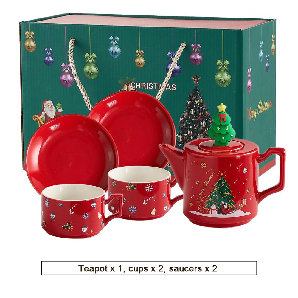 Red Ceramics Teaware Sets Santa Claus Snowman Elk Teapot Teacup Christmas Coffee Cup Saucers Stackable Xmas New Year Gifts
