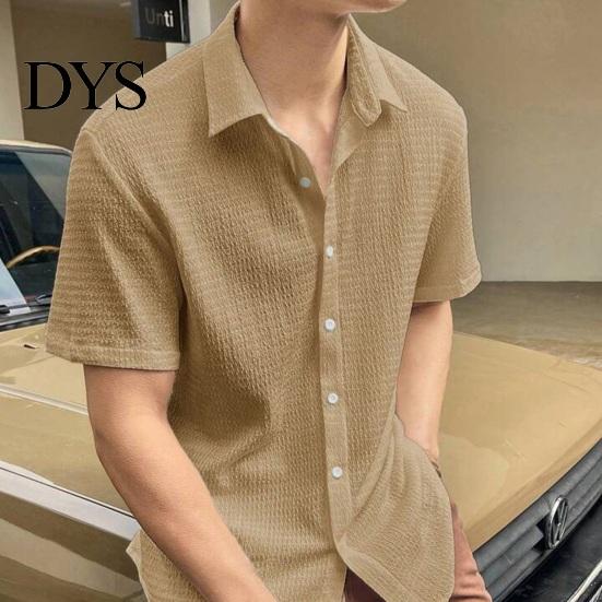 Casual Top Summer Spring Men Shirt Turn-down Collar Water Wave Texture Single-breasted Commute Loose Solid Color Short Sleeves Office