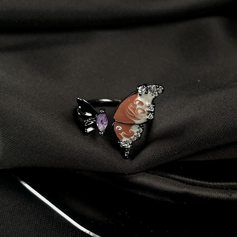 Butterfly Dripping Oil Open Ring, Personality, Niche Design, Cold Wind Ring, Stacked Index Finger Ring, Female