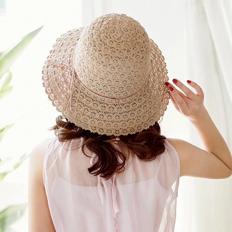 Summer Foldable Cotton Beach Bow Sun Hats For Women Fashion Floppy Elegant Beach Visor Hat Ladies Lace Hollow Straw Hat
