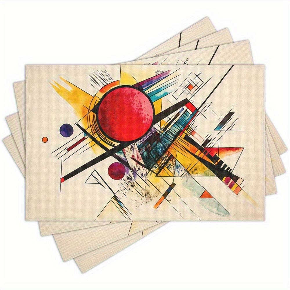 4 Stück Leinen-Tischsets, Abstraktes Geometrisches Kunstgemälde-Tischsets, Geeignet für Küchen- und Restaurantdekoration, Tischdekoration für Familienfeiern und Abendessen, 4PCS black