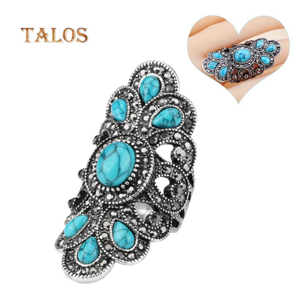 Vintage Inlaid Turquoise Crystal Stone Finger Ring Male Female Rings Hollow Party Symmetric Jewelry