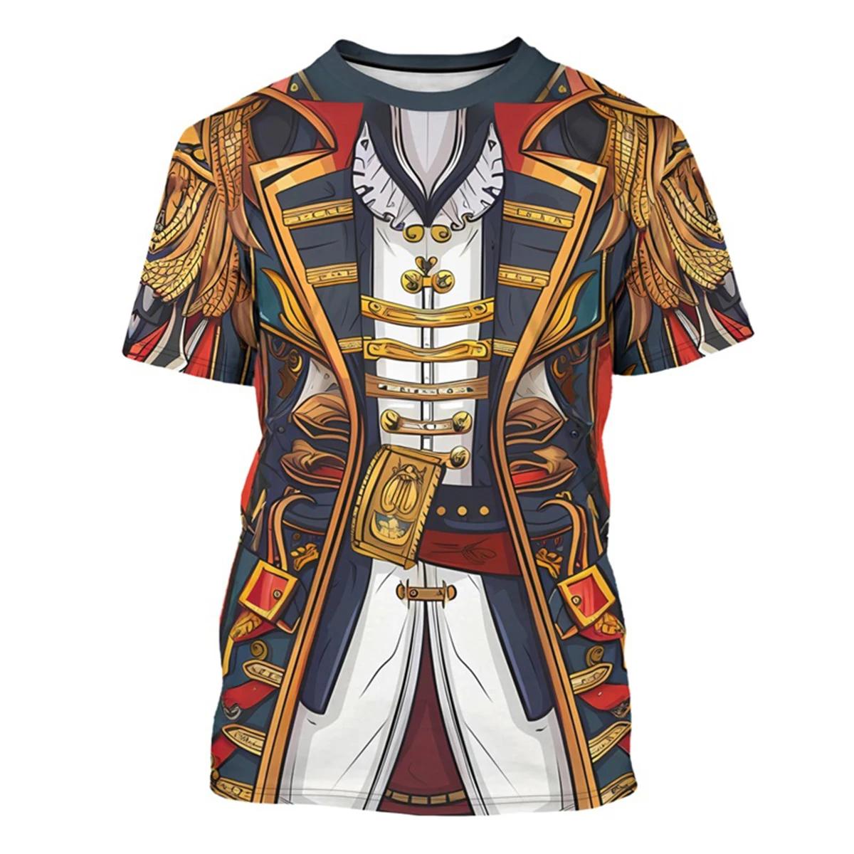 printed pirate captain T-shirt fun role-playing costume neck short sleeved T-shirt new casual T-shirt men s top S
