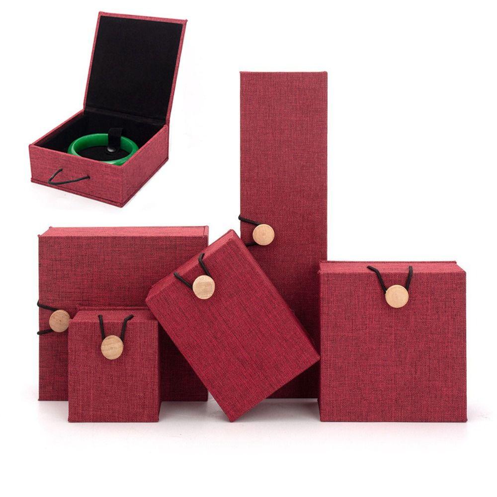 Linen Wood Pendant Bracelet Box Button Closure Mini Storage Box Travel Ring Box Gift Giving