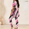 Women Plus Size Abstract Geometric Printed Round Neck Short Sleeve Top Fitted Long Pants Two Piece Loungewear Set