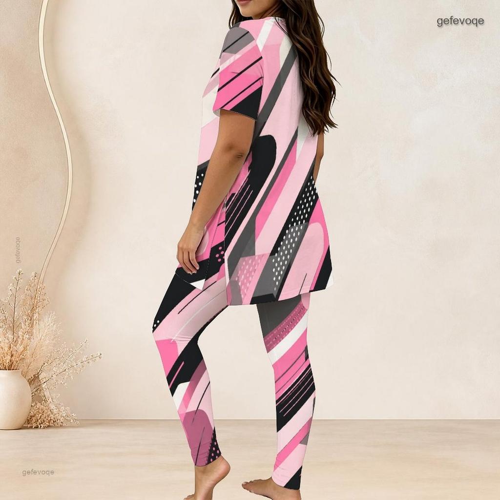 Women Plus Size Abstract Geometric Printed Round Neck Short Sleeve Top Fitted Long Pants Two Piece Loungewear Set