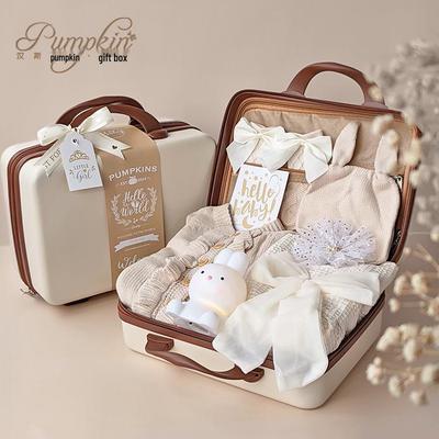 Beige Newborn Baby Girl Gift Set: Clothes, Wood Carving, Suitcase for 100 Days & 1 Year Old