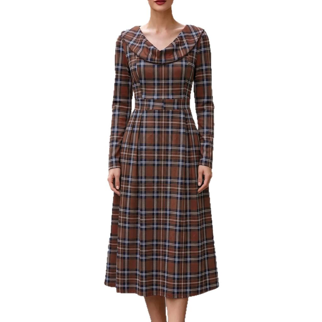 Autumn and Winter European and American New Women's Clothing Plaid Long Dress Printed Women's Clothing Dress Women