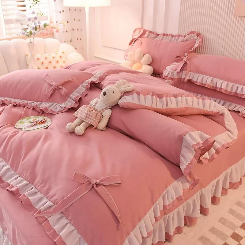 Girls Bedding Sets Kawaii Seersucker Bed Sheet Pillowcase Fashion Princess Duvet Cover Solid Color 4 Pieces Cute Home Decoration