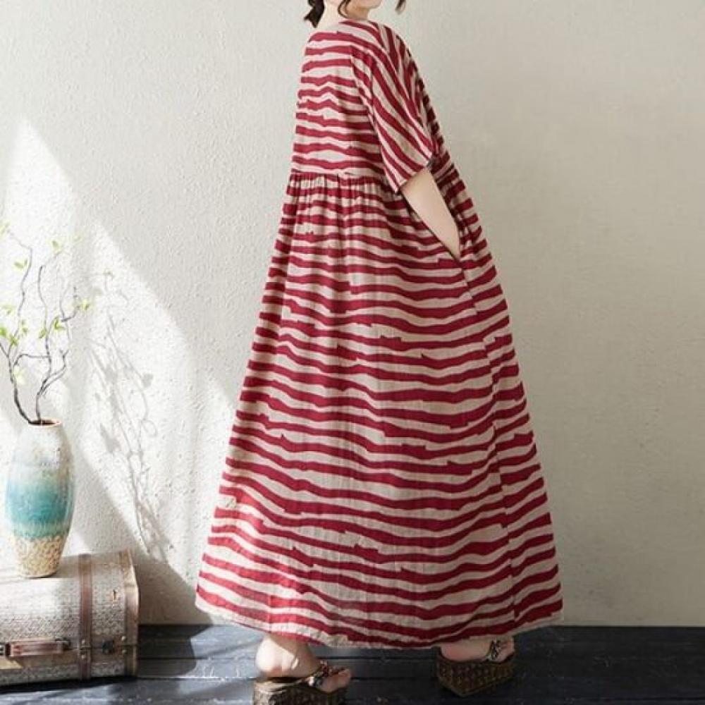Navava Loose Fit Striped Round Neck Short Sleeve Long Dress No912