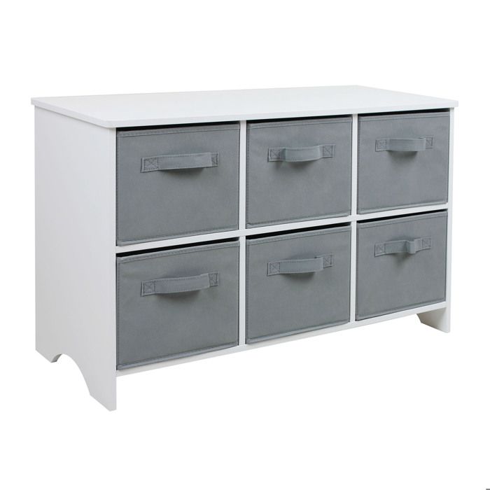 GINGER HOME Children's Chest of Drawers – 6 Fabric Bin Storage Unit, MDF Wood, Grey and White, 79x36x51 Cm