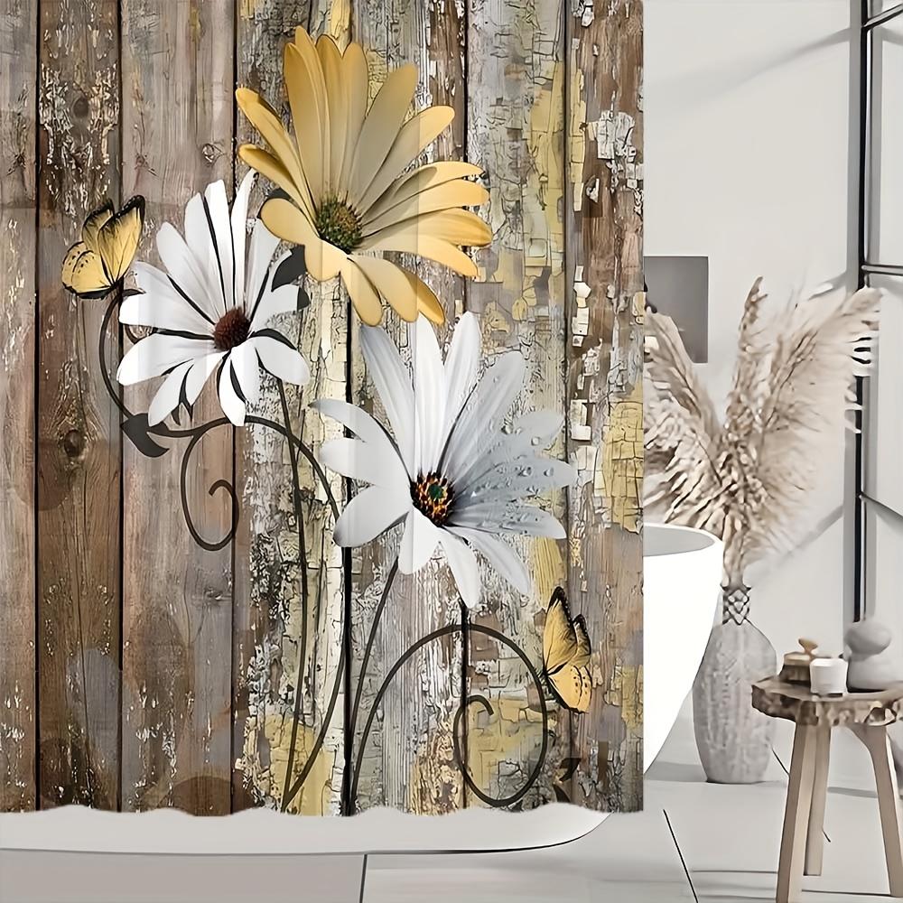 4Pcs Beautiful Flowers Pattern Shower Curtain Set with Non-Slip Bath Mat, Toilet Lid Cover, Contour Rug & 12 Hooks, Bathroom Decor
