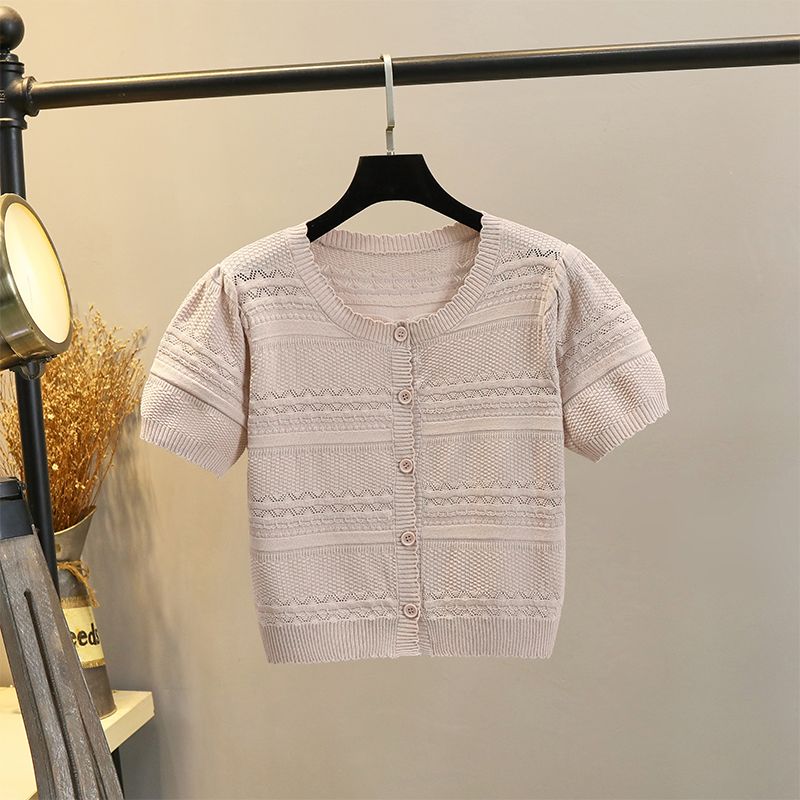 

Ice Silk Cut-out Cardigan Short Sleeve Knitting Shawl Summer Thin Outer Match Short High Waist Sun Protection Top Women s Small Lotus root color L