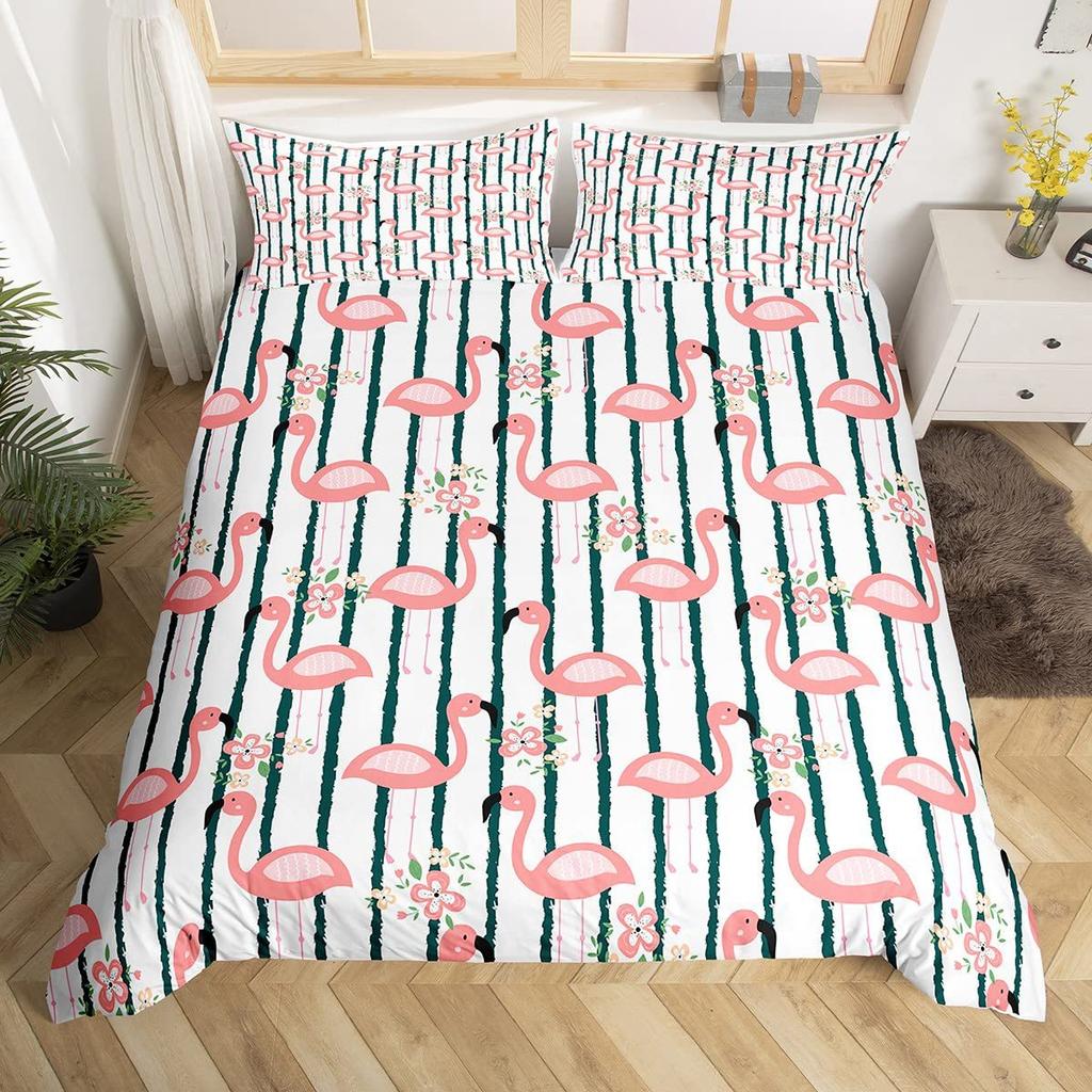 Flamingo Duvet Cover Tropical Animal Bedding Set Floral Comforter Cover For Girls Children Women Bedroom Decor With Pillow Case