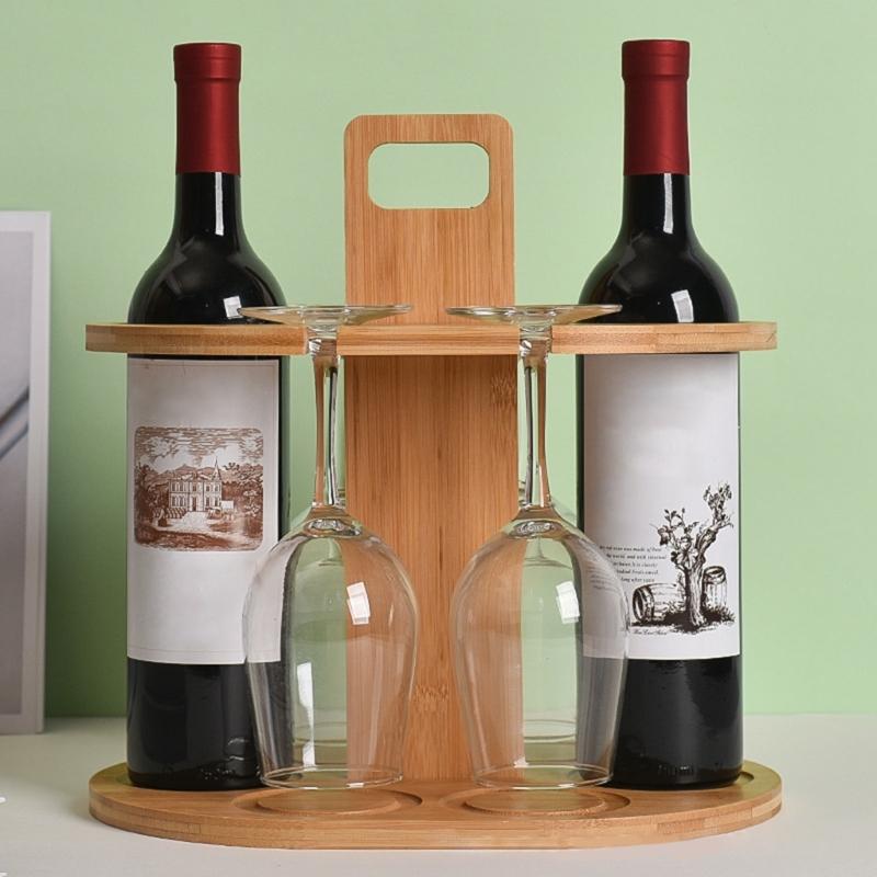 Elegant Sturdy Bamboos Wine Bottle and Glass Rack Countertop Organizers Portable Accessory for Bottles and Glasses