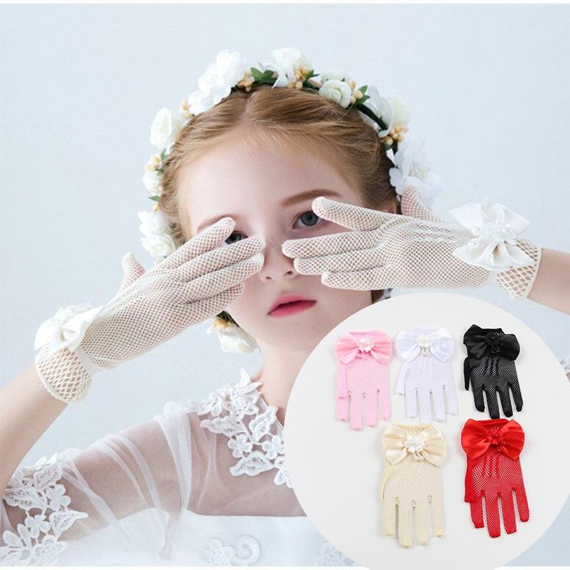 Guanti da Sposa per Spose Rete Decorata con Perle Performance sul Palco Stile Principessa Studio Fotografico Bianchi Separati per le Dita