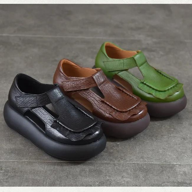 Johnature Retro Genuine Leather Roman Sandals Comfortable And Versatile Round Toe Thick Soled Women's Shoes