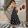 Damen Sommer Maxikleid mit Polka-Dot und Streifenprint, Spaghettiträgern, Stufenrock, Lässiger Lockerer Schnitt, Langes Kleid