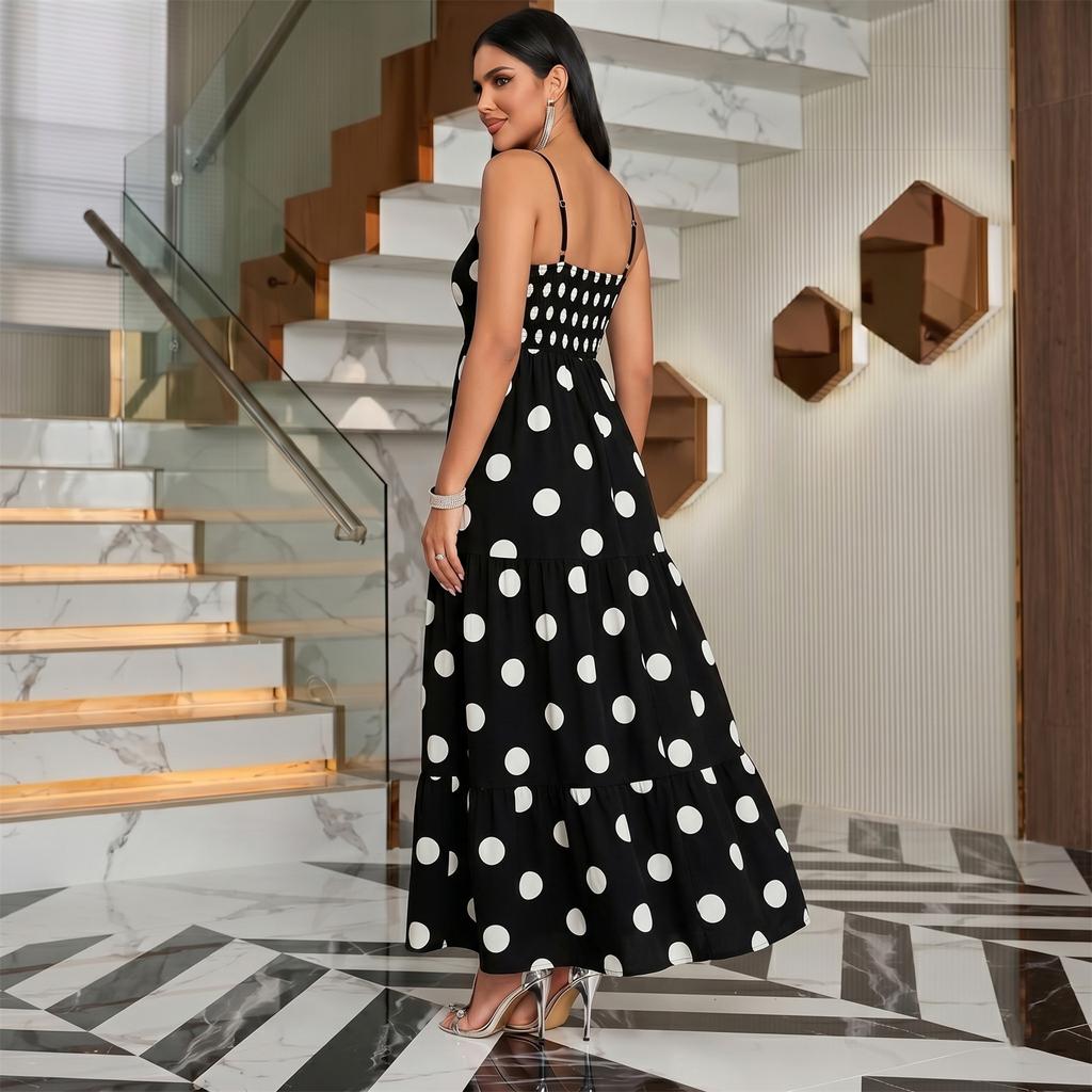 Damen Sommer Maxikleid mit Polka-Dot und Streifenprint, Spaghettiträgern, Stufenrock, Lässiger Lockerer Schnitt, Langes Kleid