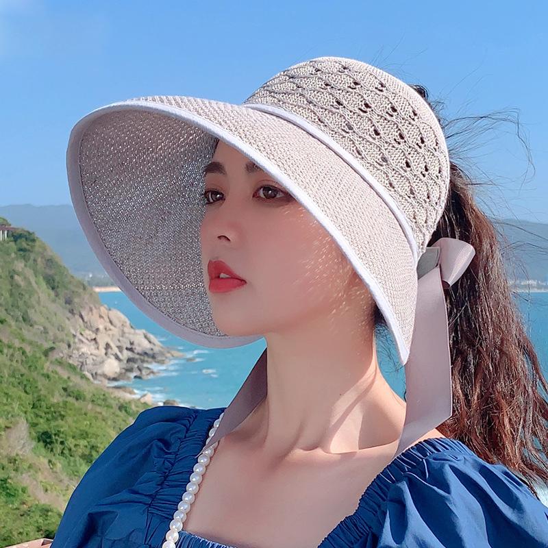 Sommermode Pferdeschwanz Sonnenhüte für Frauen Bowknot Strohhut Breite Krempe Leere Oberseite Eimer Hut Weibliche Aushöhlen Panama Caps