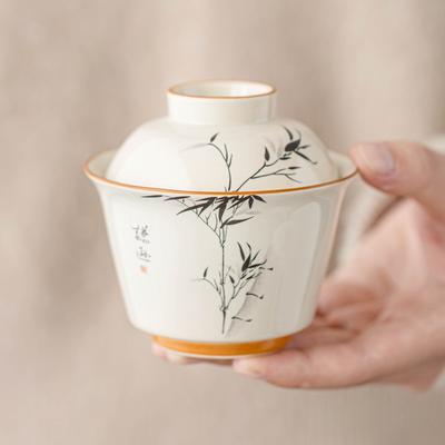 Plant and Wood Ash Ercai Cover Bowl, Ink Bamboo Gathering Wealth with Cover, Tea Bowl Ceramic Drinking Cup, Single Tea Set