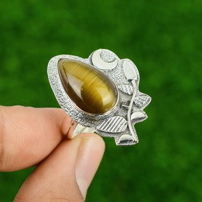 Pear Cat's Eye Gemstone 925 Sterling Silver Cescent Moon Stackable Sister Ring