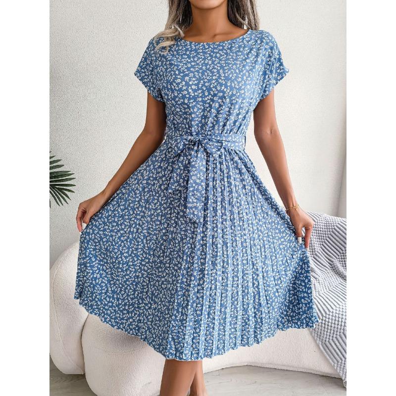 Summer new style printed casual lace-up short-sleeved floral big swing women's dress