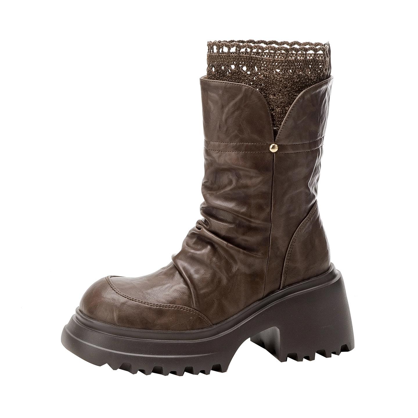 

2025 new round head versatile thick sole thick heel lace pleated short tube stacking boots temperament thin and heightened Martin boots 35 коричневый