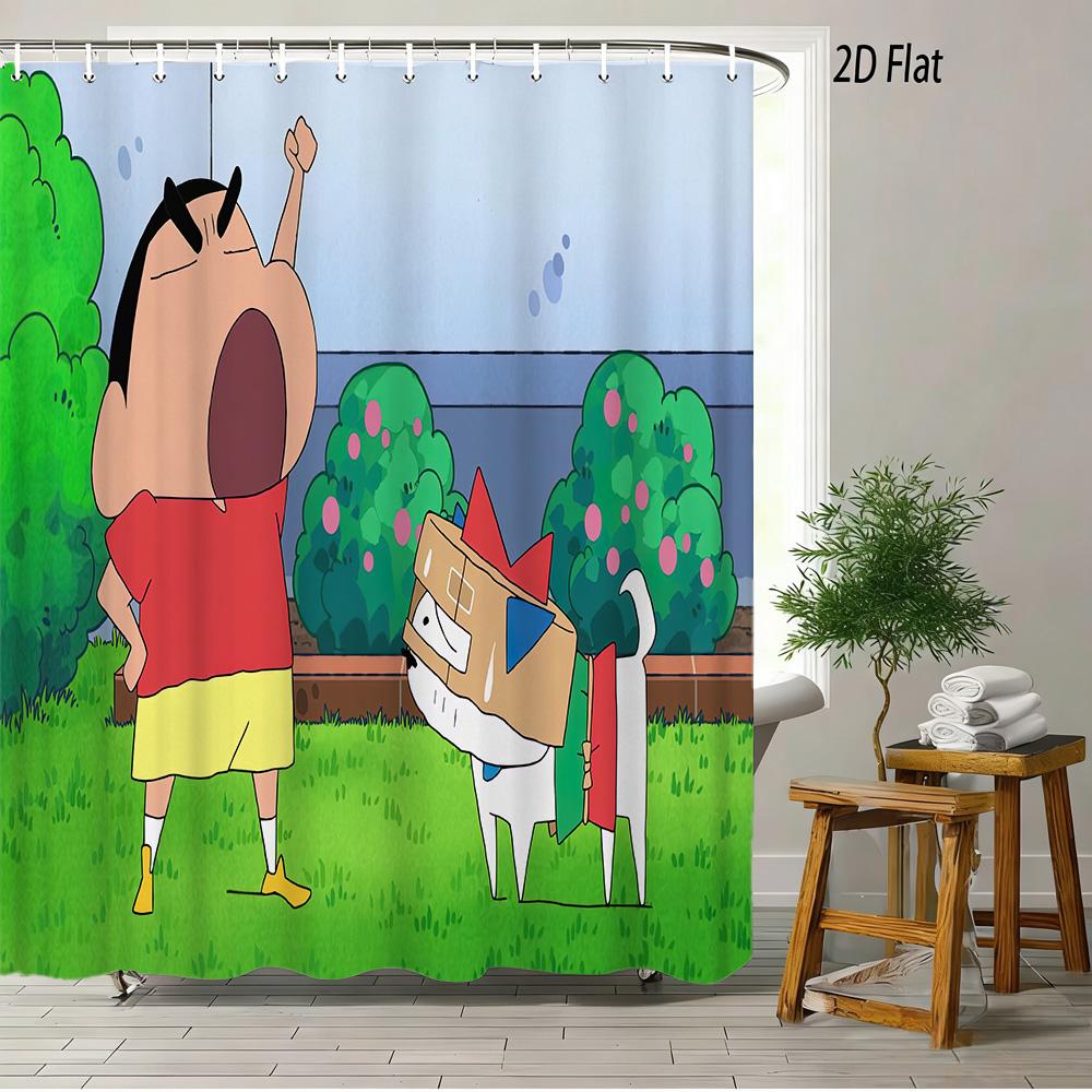 Crayon Shin-Chan The Movie Super Power Battle 2D Print Waterproof Shower Curtain, Yellow Bathroom Decor With Hooks