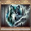 2D Blue Eyed Wolf Tapestry, Moonlit Forest Mountain Wall Hanging, Scenic Wildlife Decor