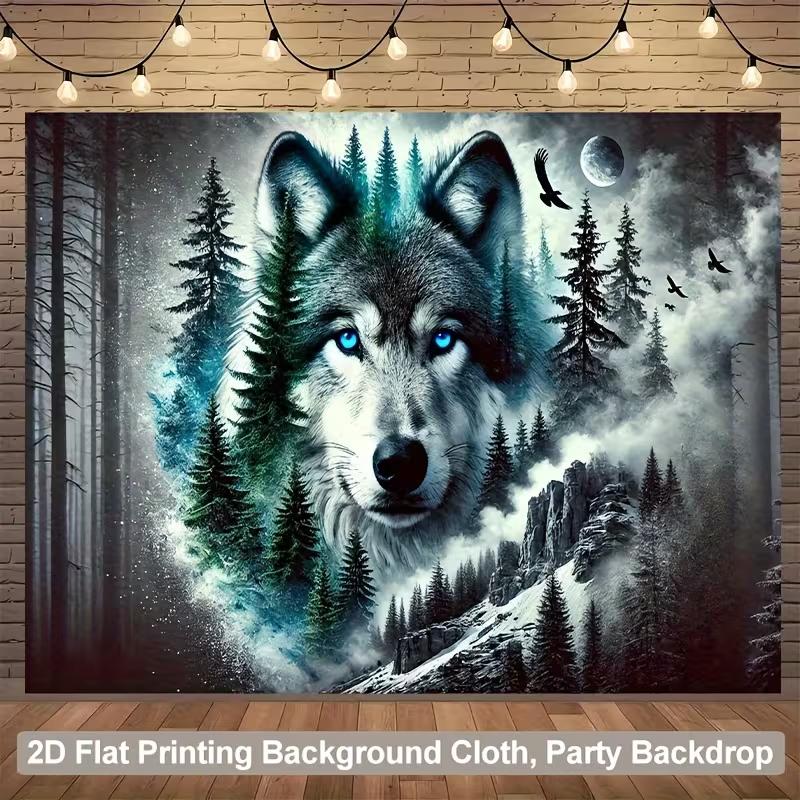 2D Blue Eyed Wolf Tapestry, Moonlit Forest Mountain Wall Hanging, Scenic Wildlife Decor