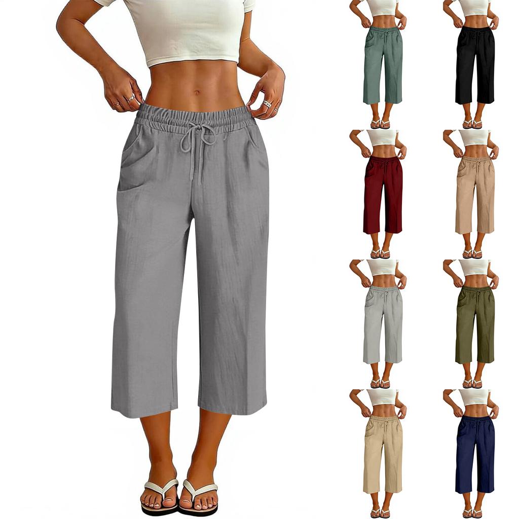 Women Casual Loose Fit Wide Leg Cropped Pants with Elastic Waist Drawstring and Side Pockets Cotton Linen Trousers
