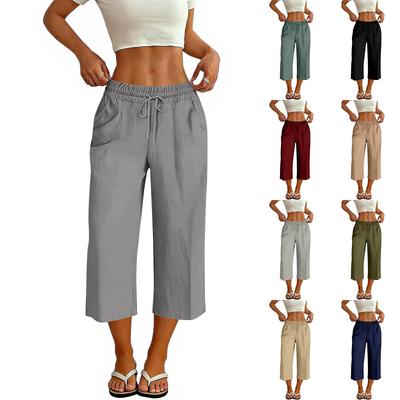 Women's Fashion Cotton and Linen Wide Leg Cropped Pants (no Back Pocket)