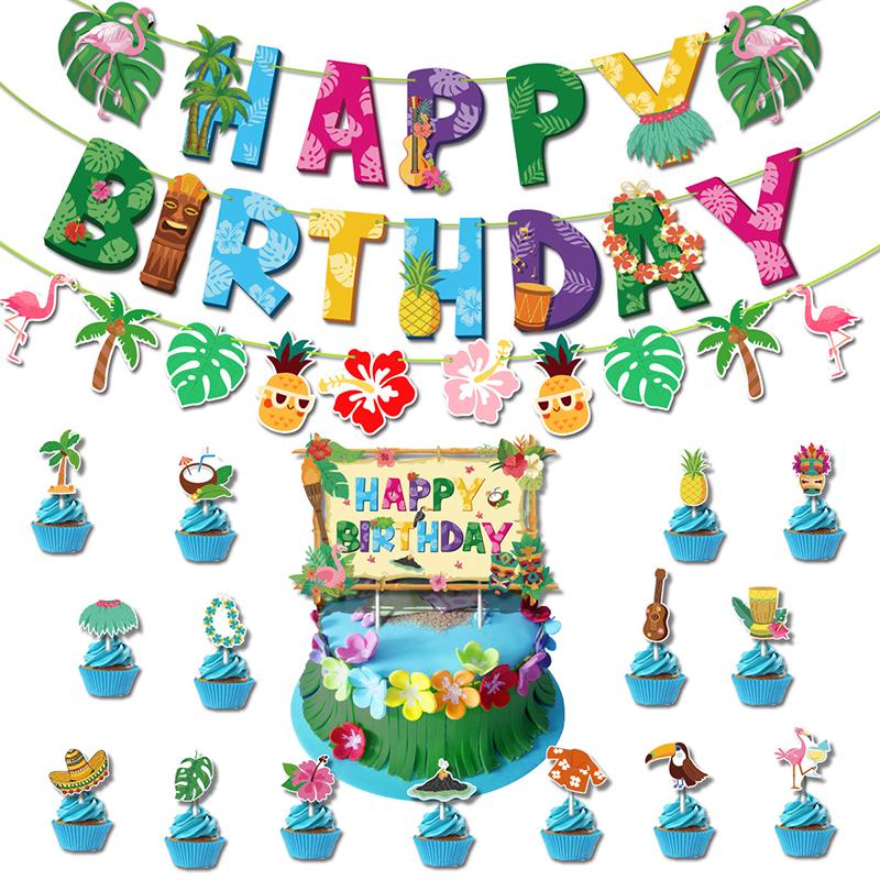 Hawaiian Flamingo Theme Pineapple Coconut Tree Pattern Children Birthday Anniversary Celebration Summer Party Decoration Banner